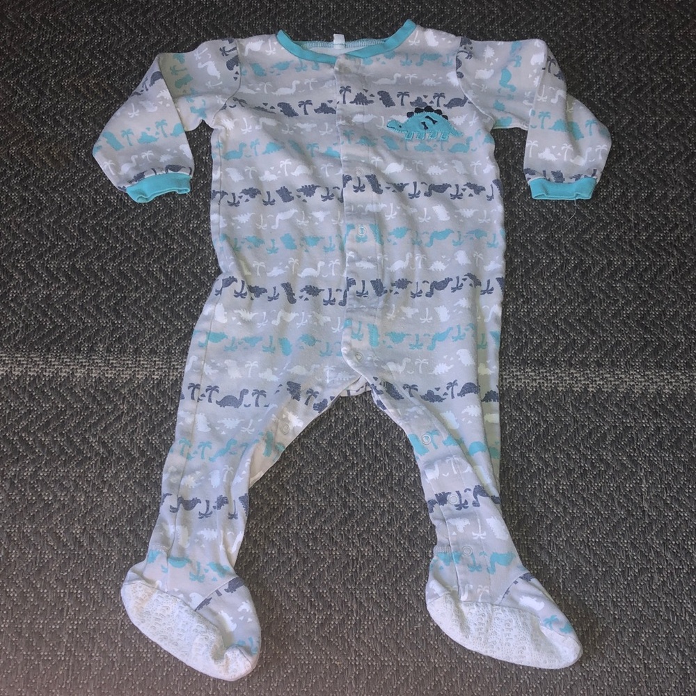 Dinosaur Print Baby Footed One-Piece in Aqua and Gray